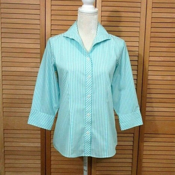 Chico's Tops - Chico's No-Iron Turquoise & White Striped Blouse 4